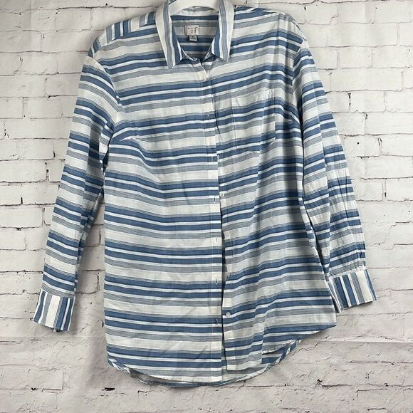 A New Day Button Up Shirt Womens XL Striped Long Sleeve Pocket 100% Cotton Blue - Picture 1 of 9